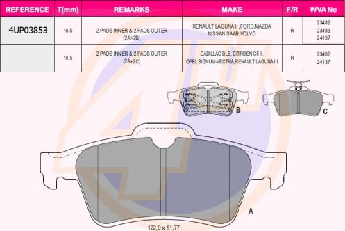 4U 4UP03853 - Тормозные колодки, дисковые, комплект mashina-shop.ru