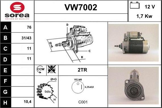 Sera VW7002 - Стартер mashina-shop.ru